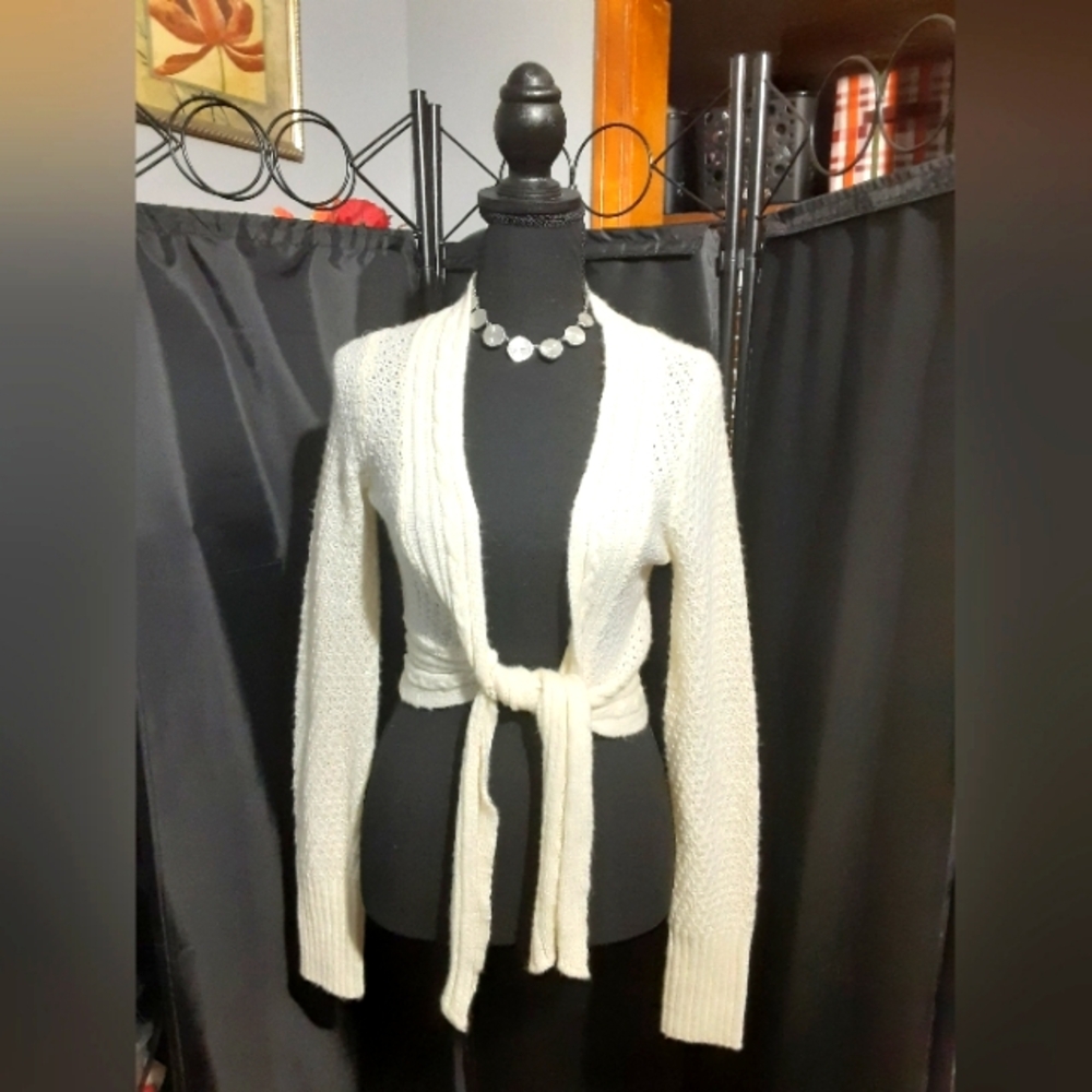 Candie's Cream Women's Cardigan Sweater Tie Up Size L Coquette Cottage